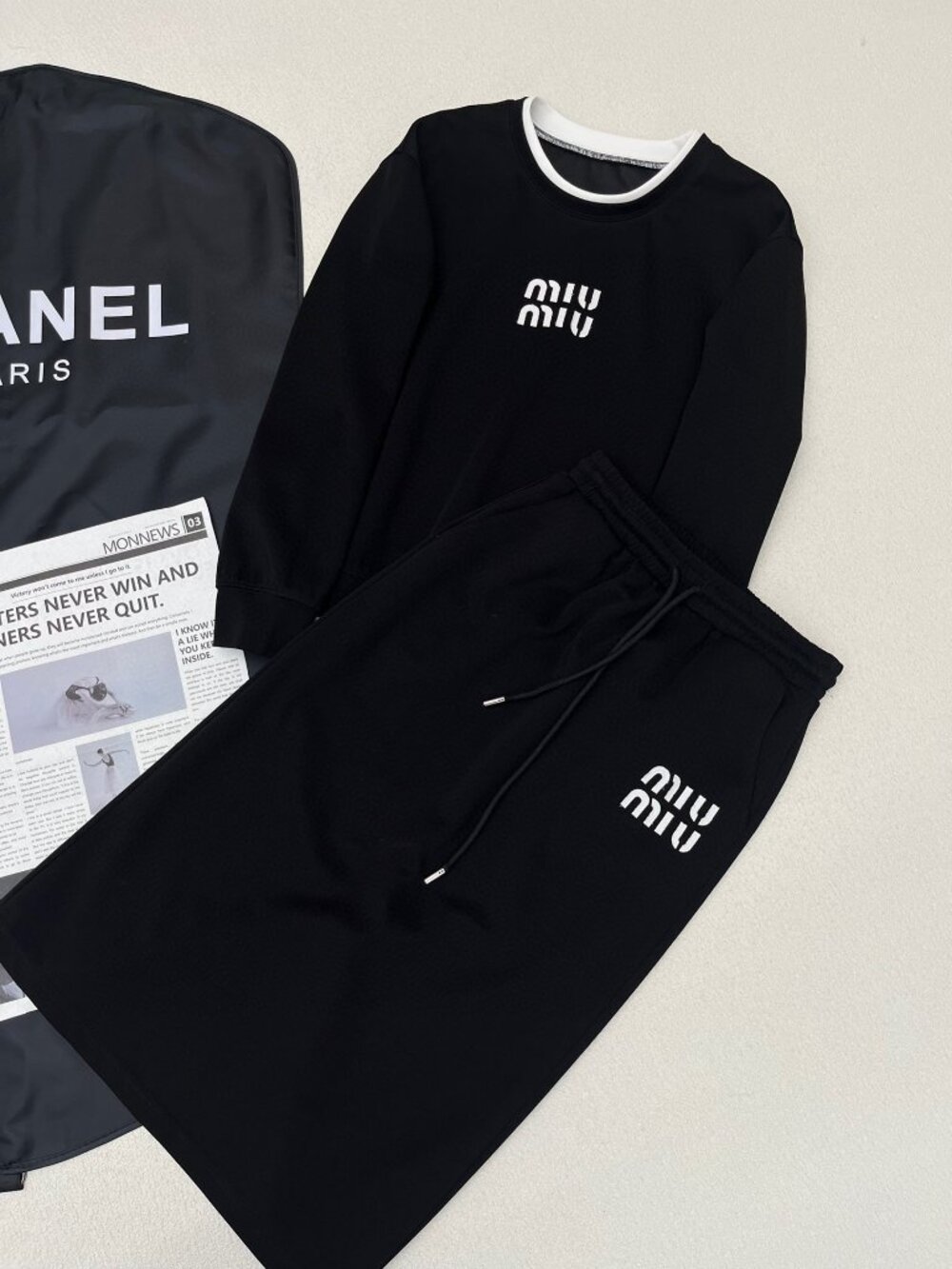 New Miu Black Sweatshirt & Skirt 2-Piece Set Outfit